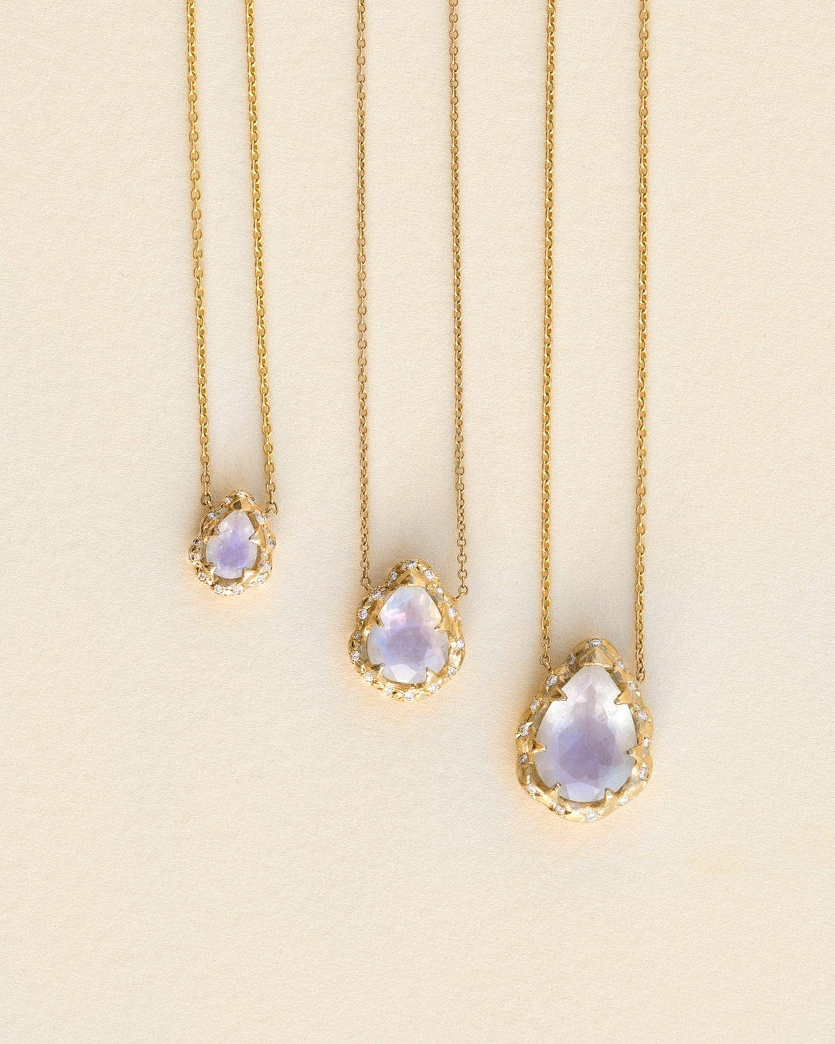 Micro Queen Water Drop Moonstone Necklace with Pavé Diamond Halo by Logan Hollowell Jewelry