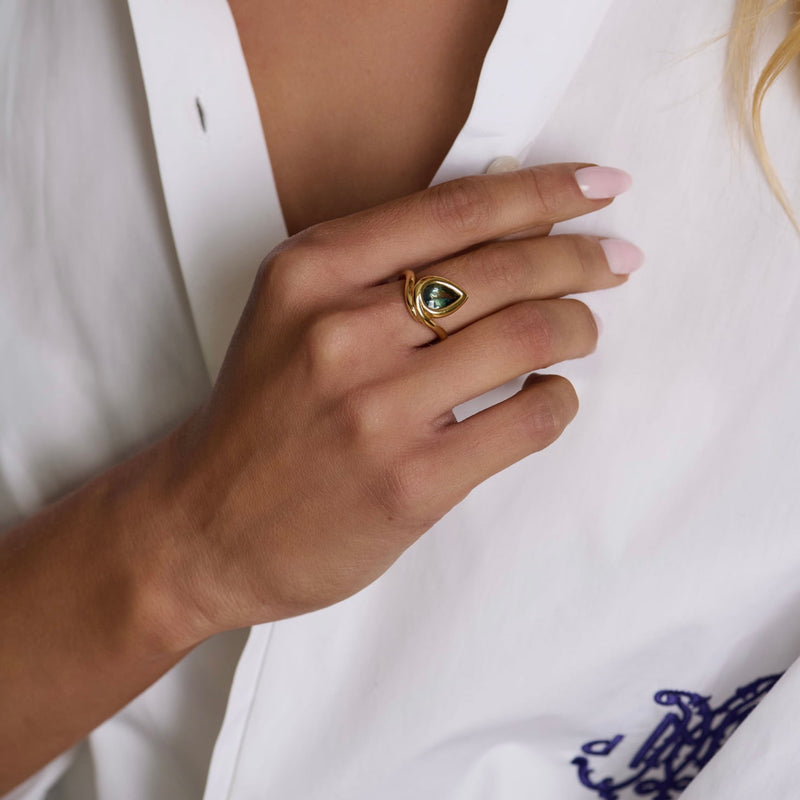 Enigma Water Drop Teal Sapphire Ring by Logan Hollowell Jewelry