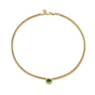 Micro Queen Oval Emerald Full Pave Halo on Cuban Chain Yellow Gold 13.5"-14"  by Logan Hollowell Jewelry