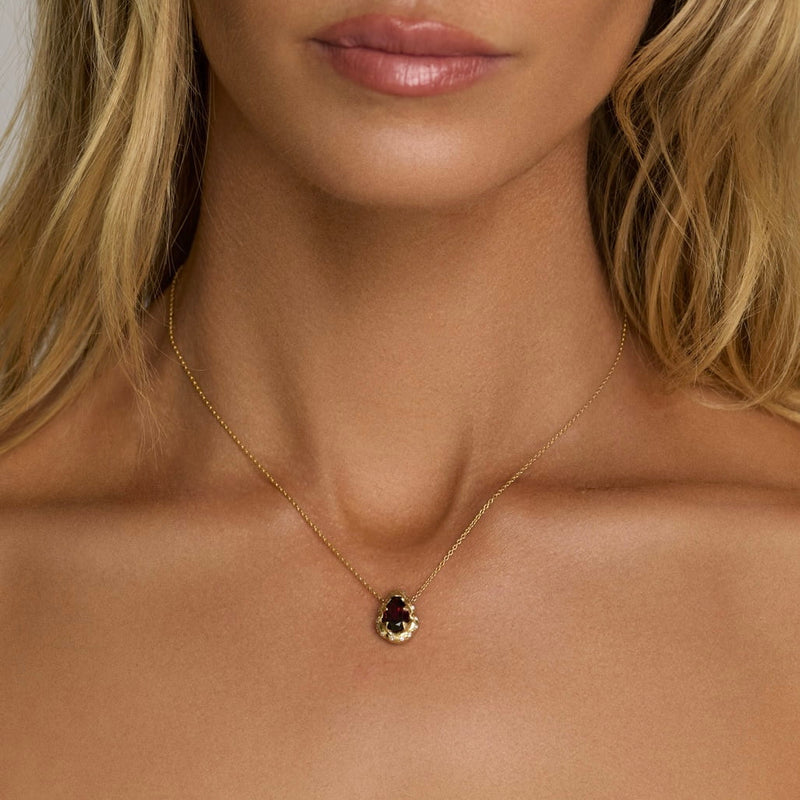 Baby Queen Water Drop Garnet Necklace with Sprinkled Diamonds by Logan Hollowell Jewelry