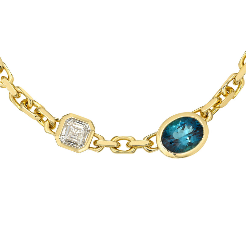 Lovers Duet Diamond and Lagoon Tourmaline Chain Necklace by Logan Hollowell Jewelry