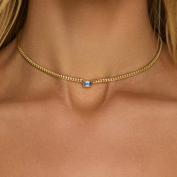 Emerald Cut Blue Sapphire Cuban Choker by Logan Hollowell Jewelry