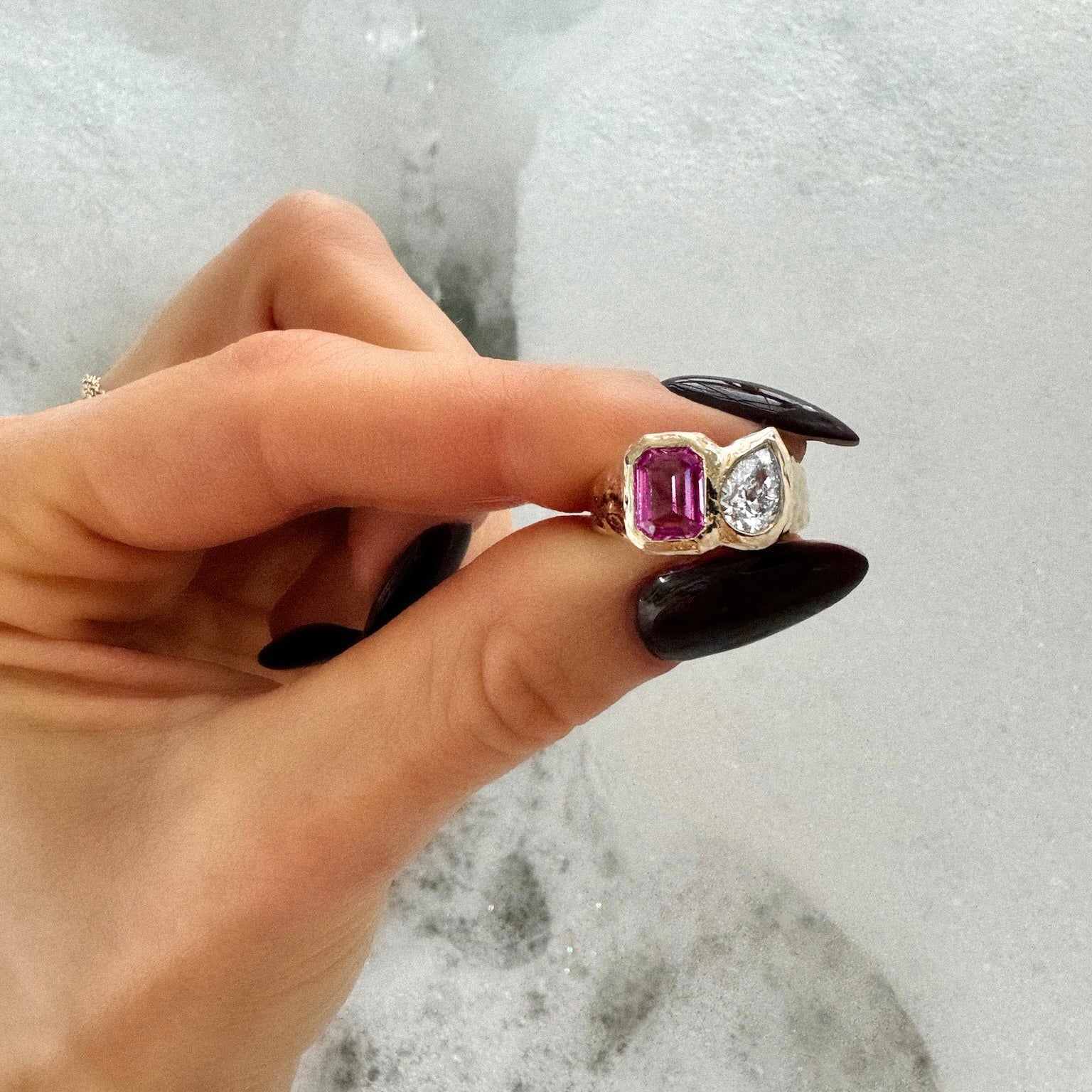 Toi Et Moi River Pink Sapphire and Diamond Ring by Logan Hollowell Jewelry
