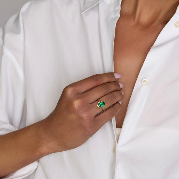 Baby Queen Water Drop Colombian Emerald Ring with Sprinkled Diamonds by Logan Hollowell Jewelry
