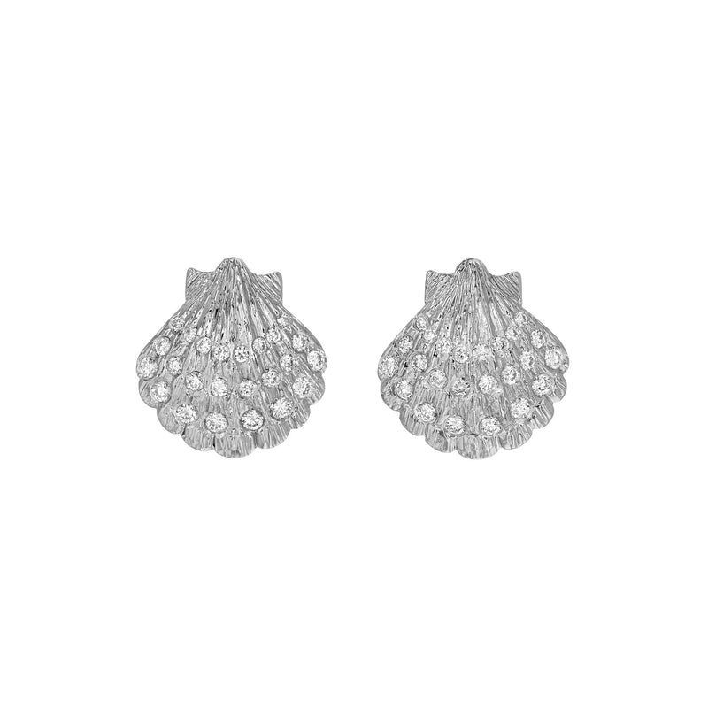 Diamond Shell Earrings White Gold by Logan Hollowell Jewelry