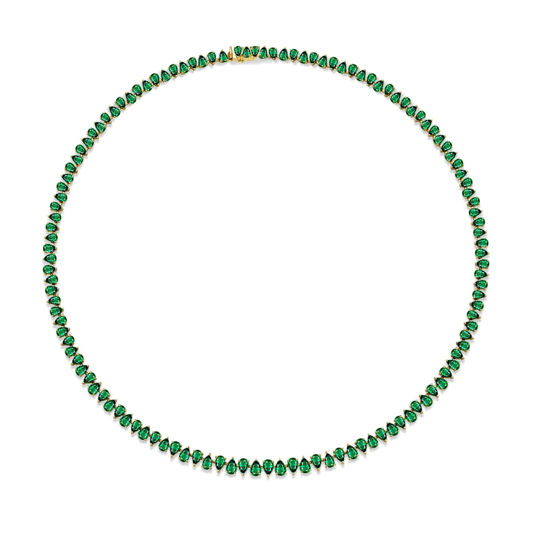 Reverse Water Drop Emerald Tennis Necklace Yellow Gold by Logan Hollowell Jewelry