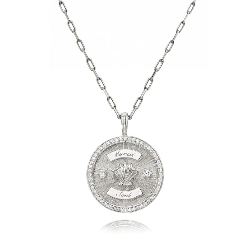Mermaid Coin with Diamond Frame Necklace White Gold 16" by Logan Hollowell Jewelry
