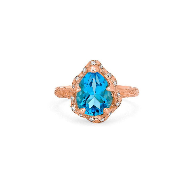 Baby Queen Water Drop Blue Topaz Ring with Sprinkled Diamonds Rose Gold 3 by Logan Hollowell Jewelry