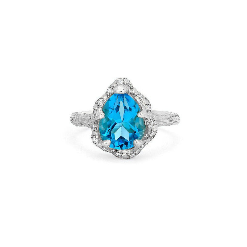 Baby Queen Water Drop Blue Topaz Ring with Sprinkled Diamonds White Gold 3 by Logan Hollowell Jewelry