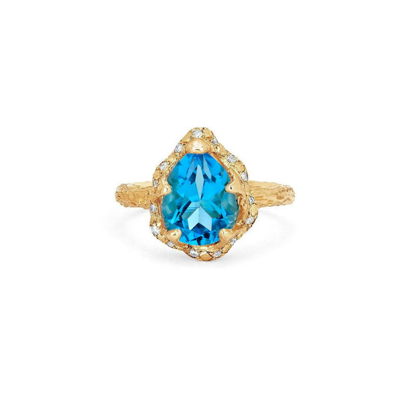 Baby Queen Water Drop Blue Topaz Ring with Sprinkled Diamonds Yellow Gold 3 by Logan Hollowell Jewelry