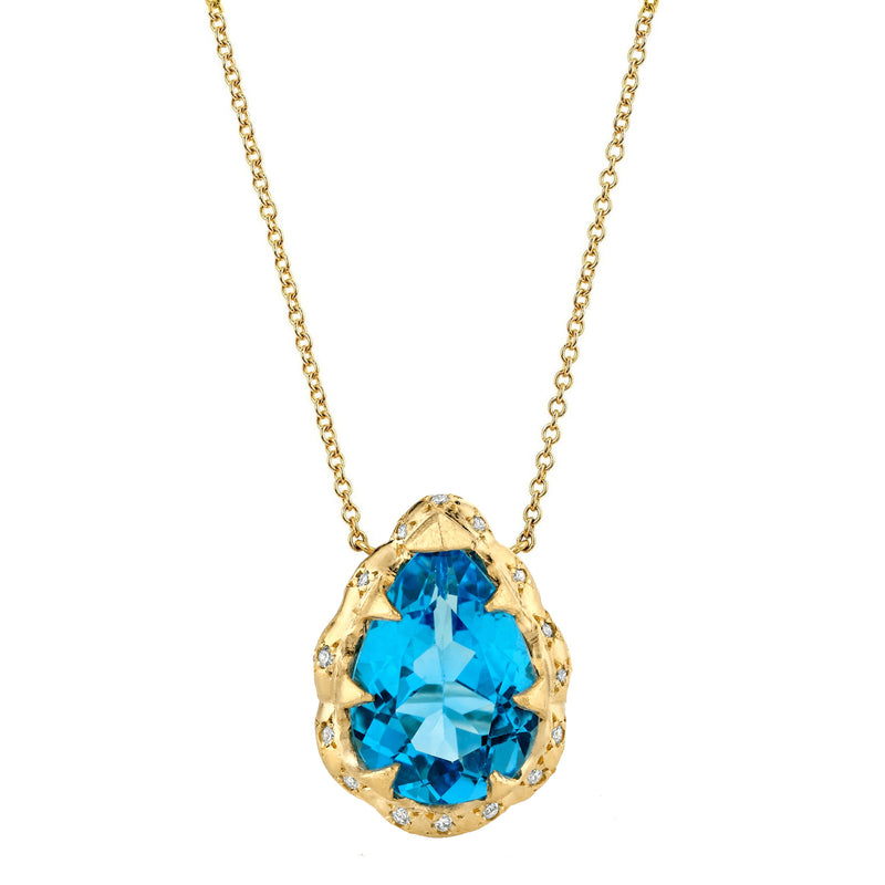 Queen Water Drop Blue Topaz Necklace with Sprinkled Diamonds Yellow Gold by Logan Hollowell Jewelry