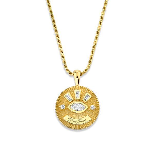 Medium Diamond Angel Eye Coin Necklace w/ Tapered Baguettes Yellow Gold 16" by Logan Hollowell Jewelry