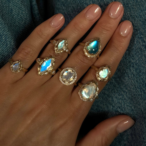 Baby Queen Water Drop Moonstone Ring with Sprinkled Diamonds by Logan Hollowell Jewelry