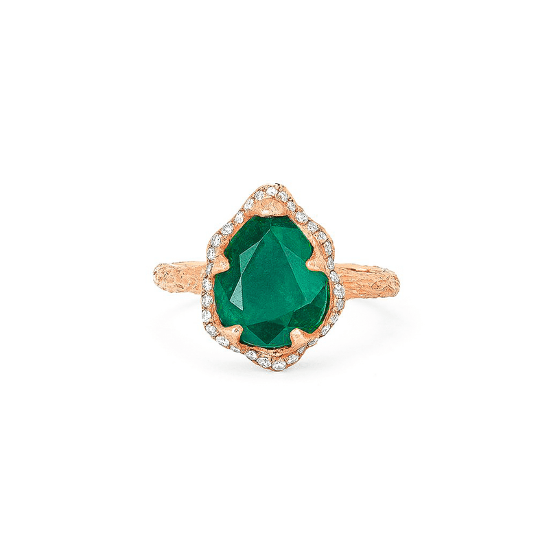 Baby Queen Water Drop Zambian Emerald Ring with Full Pavé Diamond Halo Rose Gold 3 by Logan Hollowell Jewelry