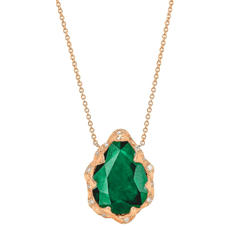 Queen Water Drop Zambian Emerald Necklace with Sprinkled Diamonds Rose Gold by Logan Hollowell Jewelry