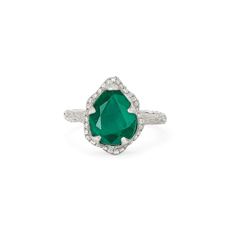 Baby Queen Water Drop Zambian Emerald Ring with Full Pavé Diamond Halo White Gold 3 by Logan Hollowell Jewelry