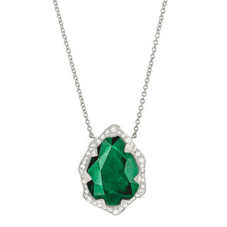 Queen Water Drop Zambian Emerald Necklace with Full Pavé Diamond Halo White Gold   by Logan Hollowell Jewelry