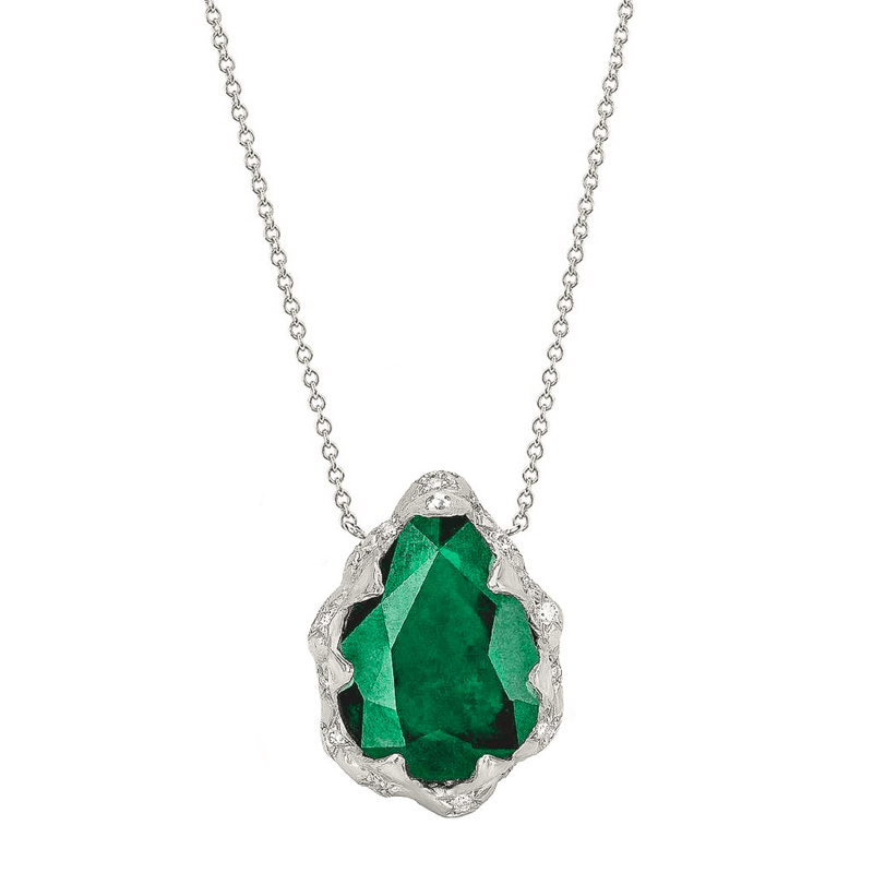 Queen Water Drop Zambian Emerald Necklace with Sprinkled Diamonds White Gold by Logan Hollowell Jewelry