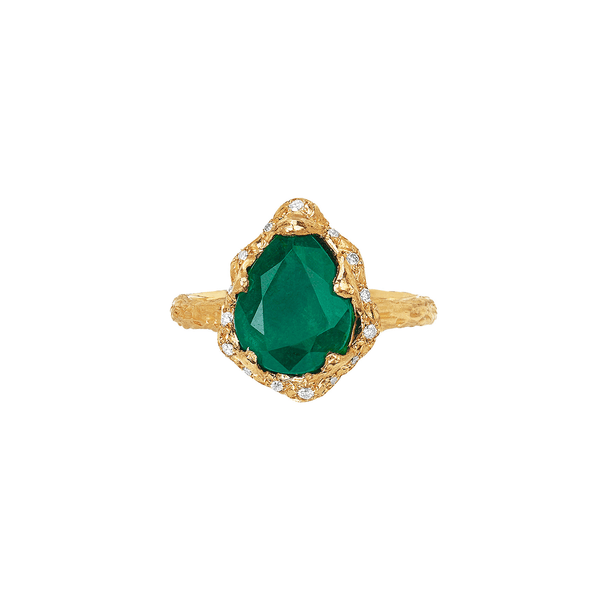 Baby Queen Water Drop Zambian Emerald Ring with Sprinkled Diamonds | Ready to Ship Yellow Gold 6.5 by Logan Hollowell Jewelry