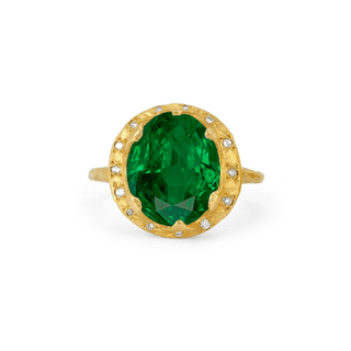 Queen Oval Zambian Emerald Ring with Sprinkled Diamonds Yellow Gold 5  by Logan Hollowell Jewelry