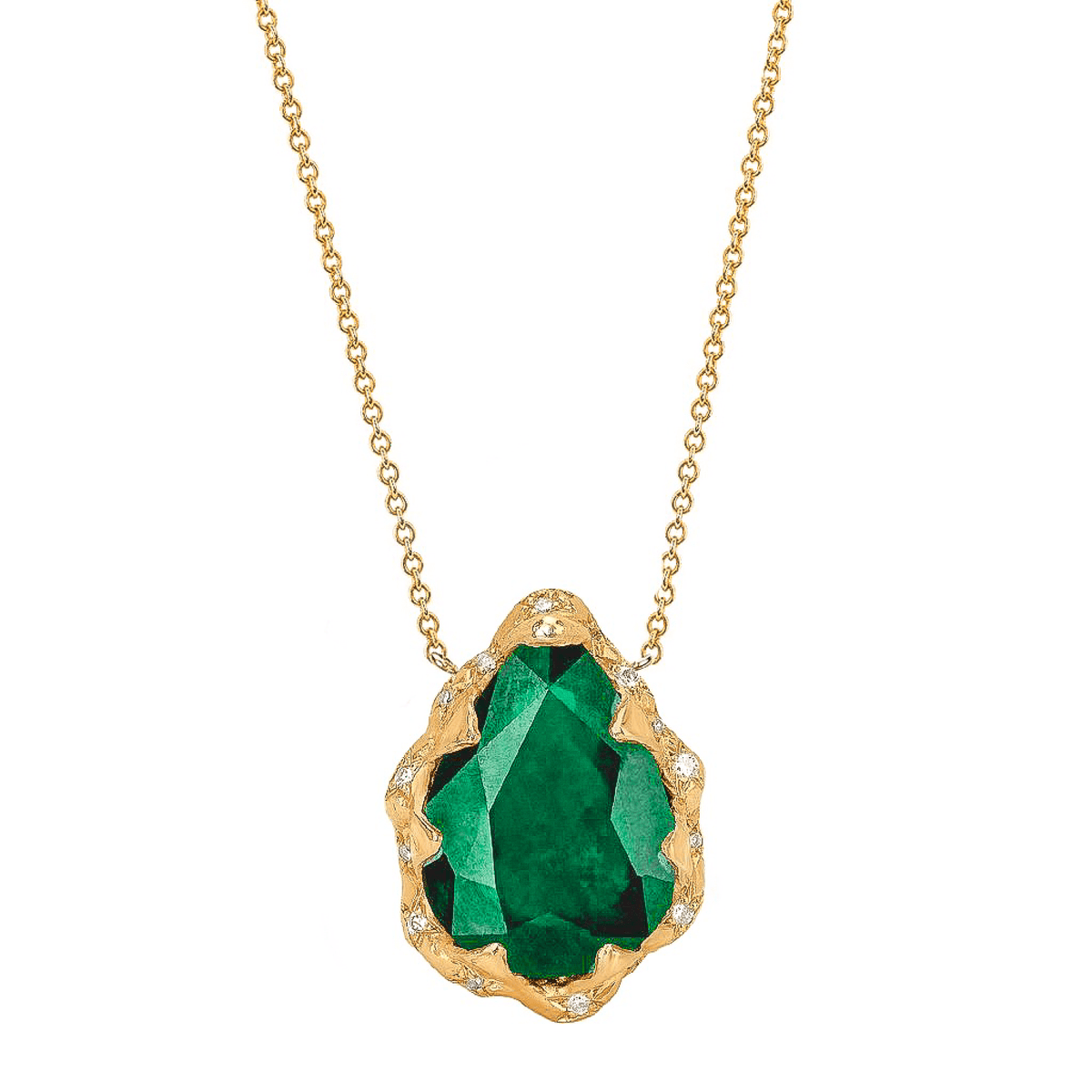 Queen Water Drop Zambian Emerald Necklace with Sprinkled Diamonds Yellow Gold by Logan Hollowell Jewelry