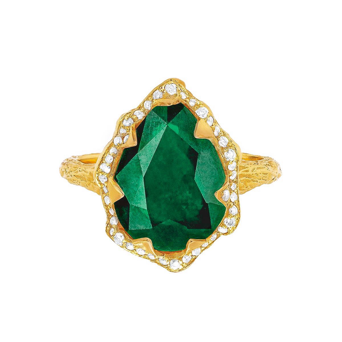 Queen Water Drop Zambian Emerald Ring with Full Pavé Diamond Halo | Ready to Ship Yellow Gold 6.5 by Logan Hollowell Jewelry
