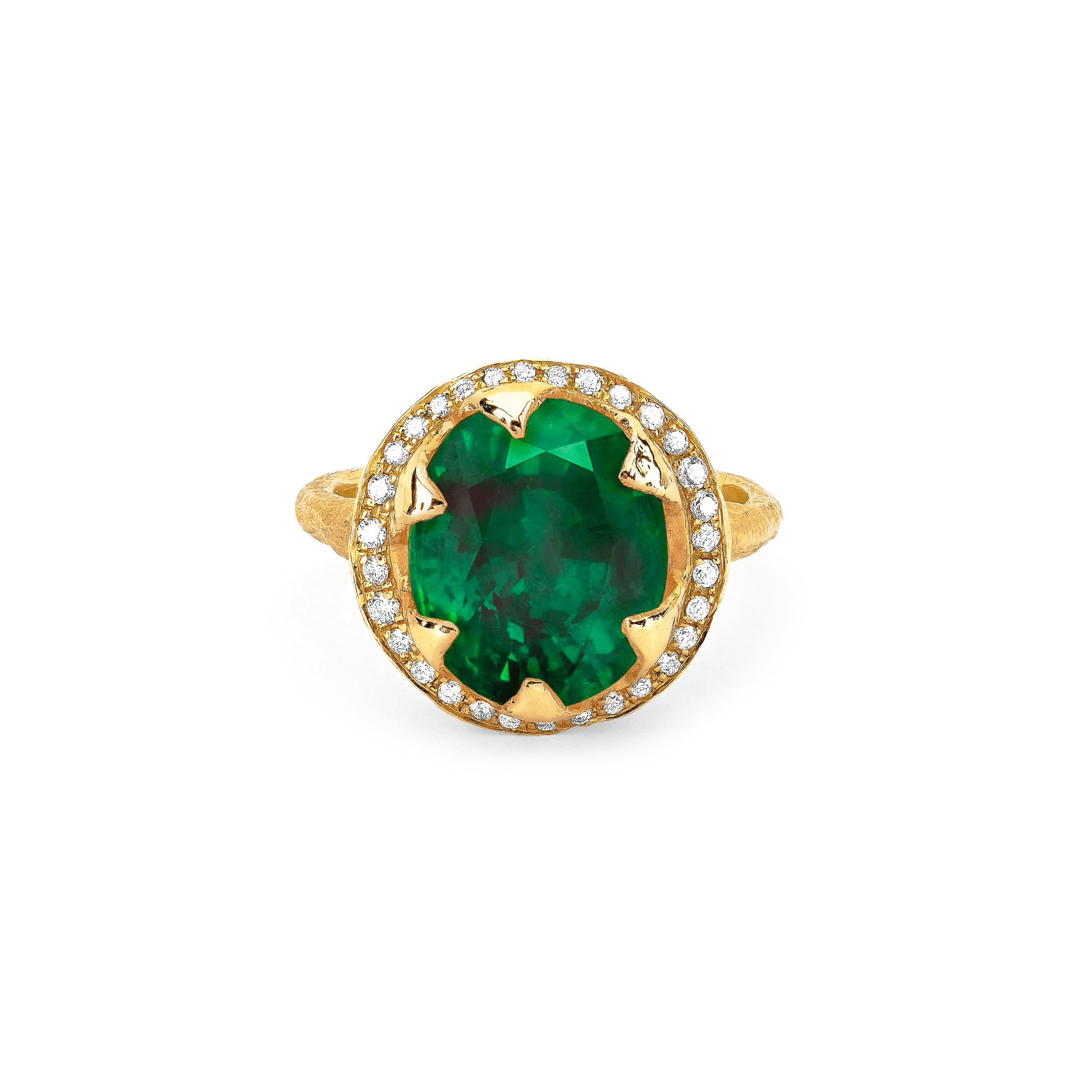 Queen Oval Zambian Emerald Ring with Full Pavé Diamond Halo Yellow Gold 3 by Logan Hollowell Jewelry