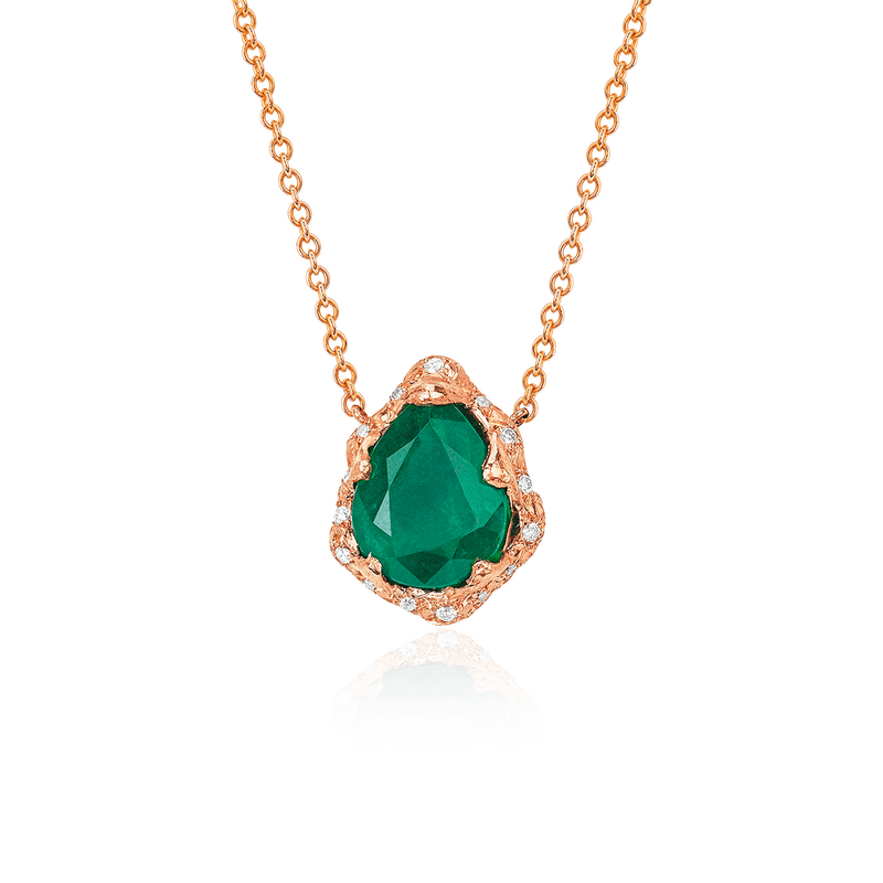 Baby Queen Water Drop Emerald Necklace with Sprinkled Diamonds Rose Gold by Logan Hollowell Jewelry