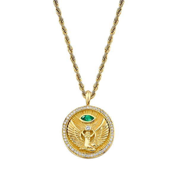 Isis Emerald Pavé Halo Coin Pendant Yellow Gold 16" by Logan Hollowell Jewelry