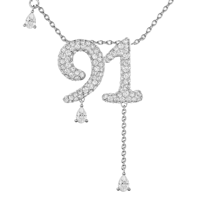 91 Pavé Diamond Numerology Necklace White Gold 20mm by Logan Hollowell Jewelry