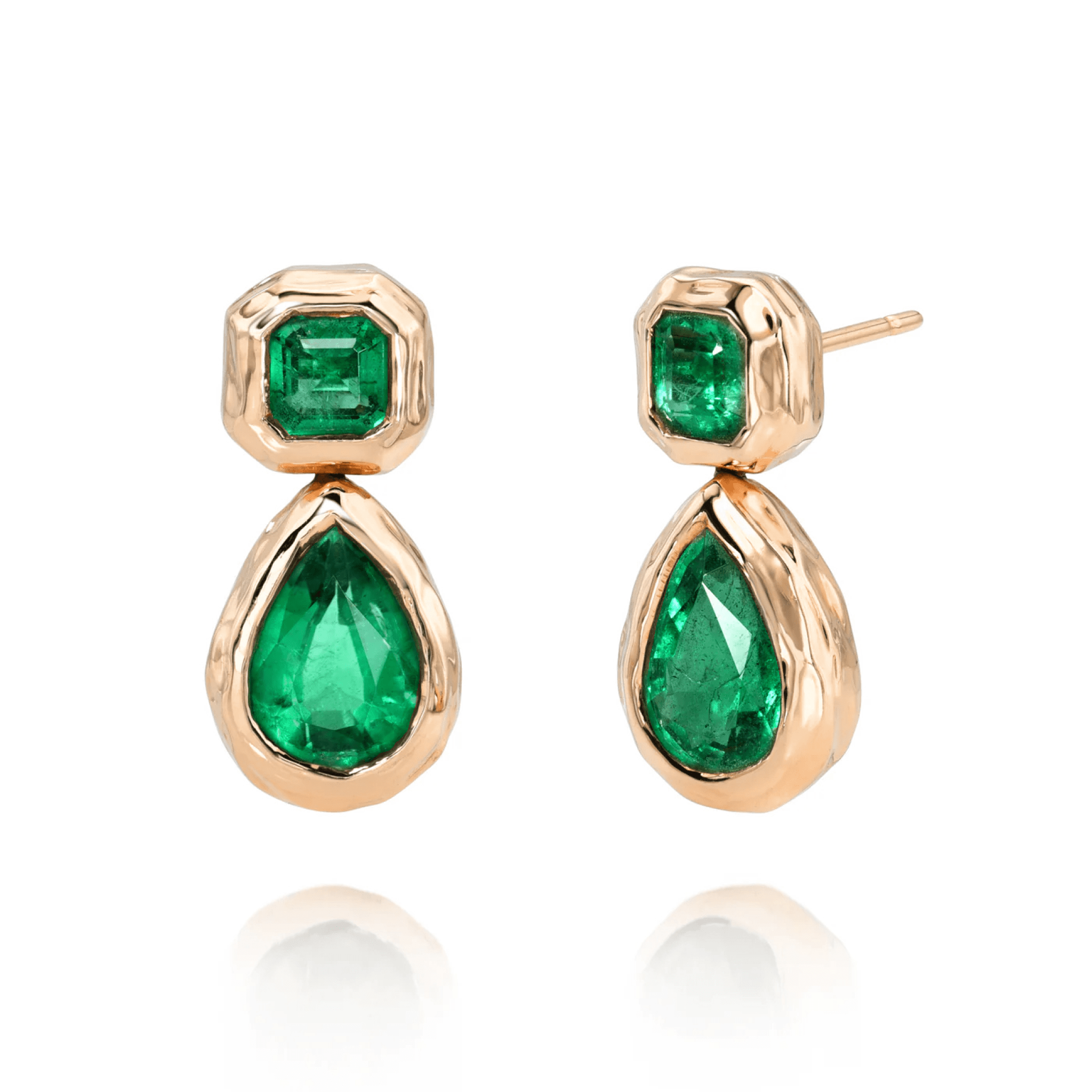 Asscher and Pear Emerald Drop River Earrings Rose Gold by Logan Hollowell Jewelry