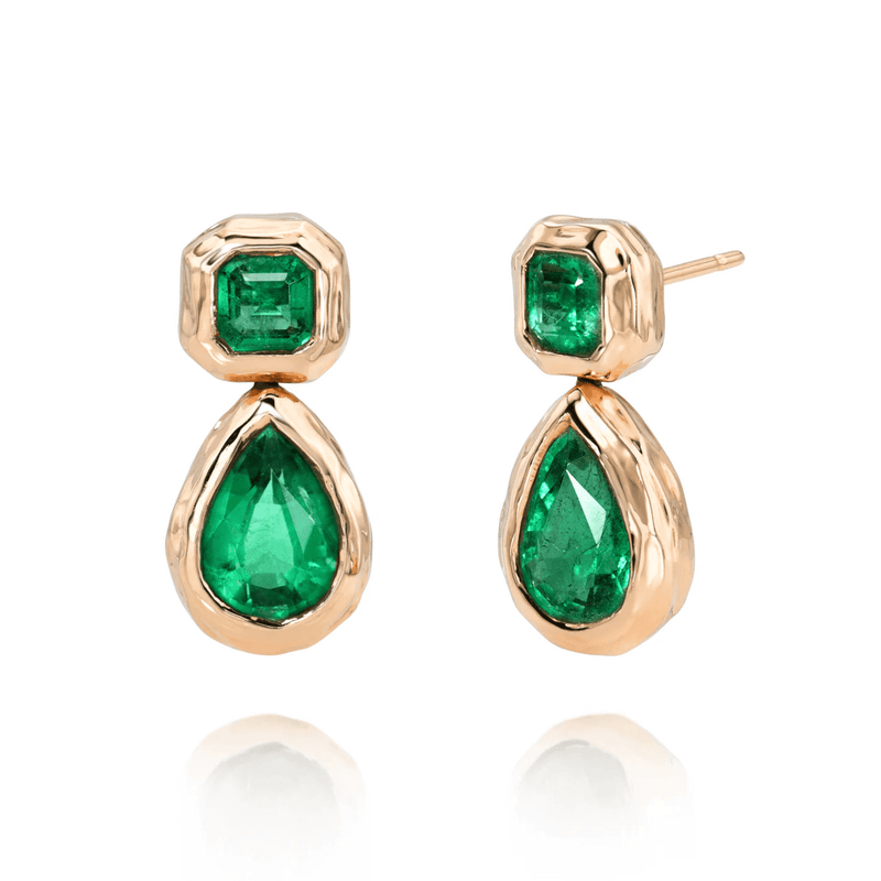 Asscher and Pear Emerald Drop River Earrings Rose Gold by Logan Hollowell Jewelry