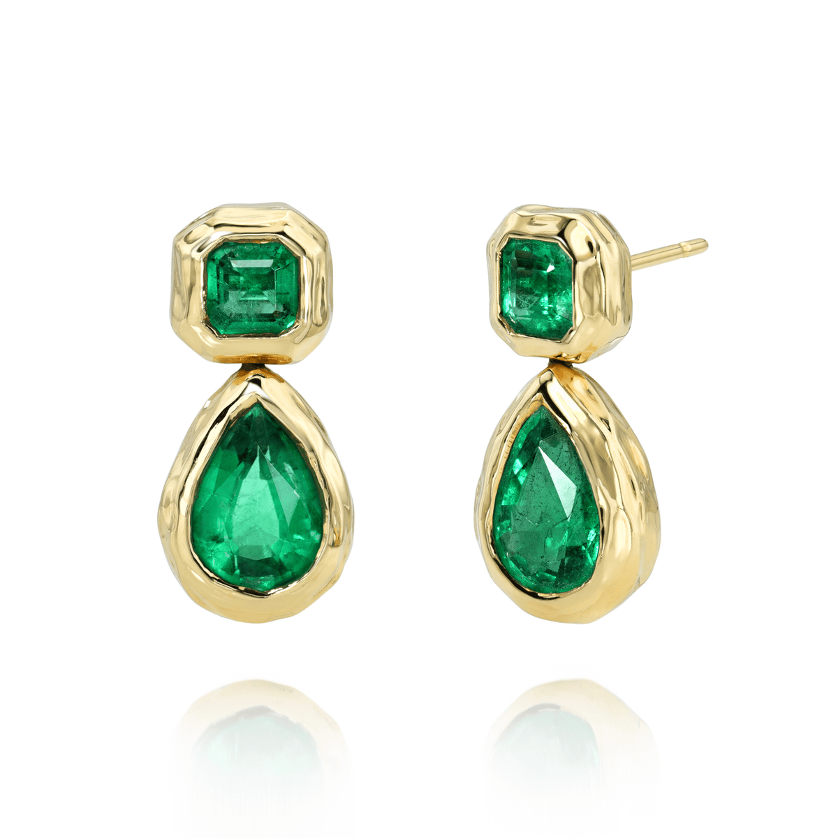 Asscher and Pear Emerald Drop River Earrings Yellow Gold by Logan Hollowell Jewelry