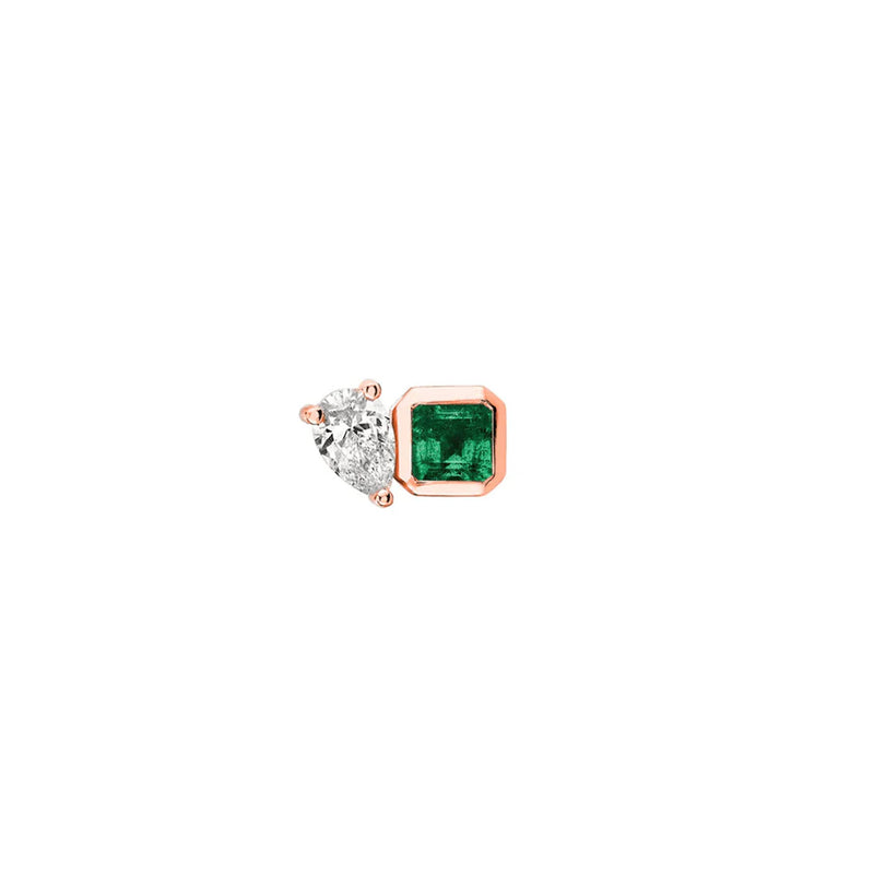 Mini Lovers Duet Emerald & Diamond Studs Rose Gold Single Right by Logan Hollowell Jewelry