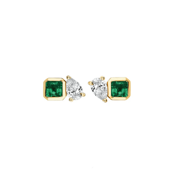 Mini Lovers Duet Emerald & Diamond Studs Yellow Gold Pair by Logan Hollowell Jewelry