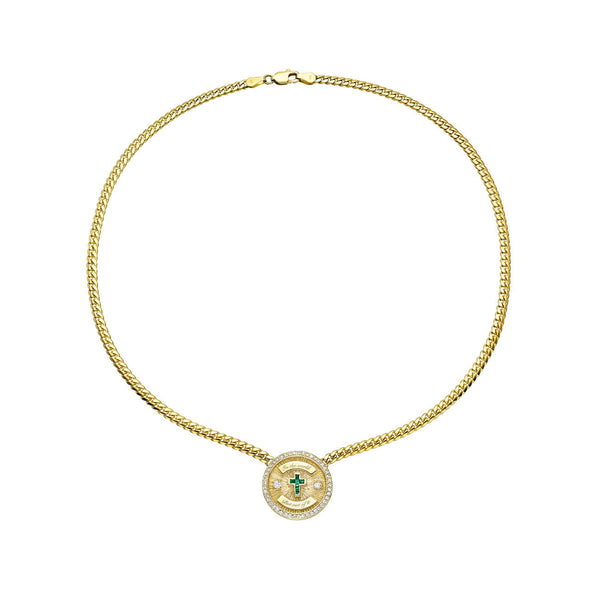 Pavé Emerald Cross Coin Necklace Yellow Gold by Logan Hollowell Jewelry