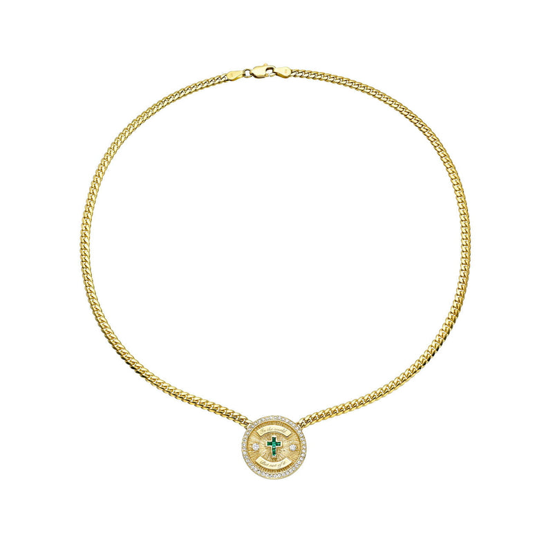 Pavé Emerald Cross Coin Necklace Yellow Gold by Logan Hollowell Jewelry