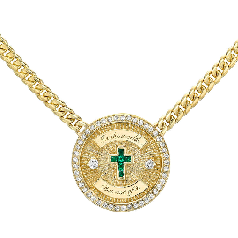 Pavé Emerald Cross Coin Necklace by Logan Hollowell Jewelry