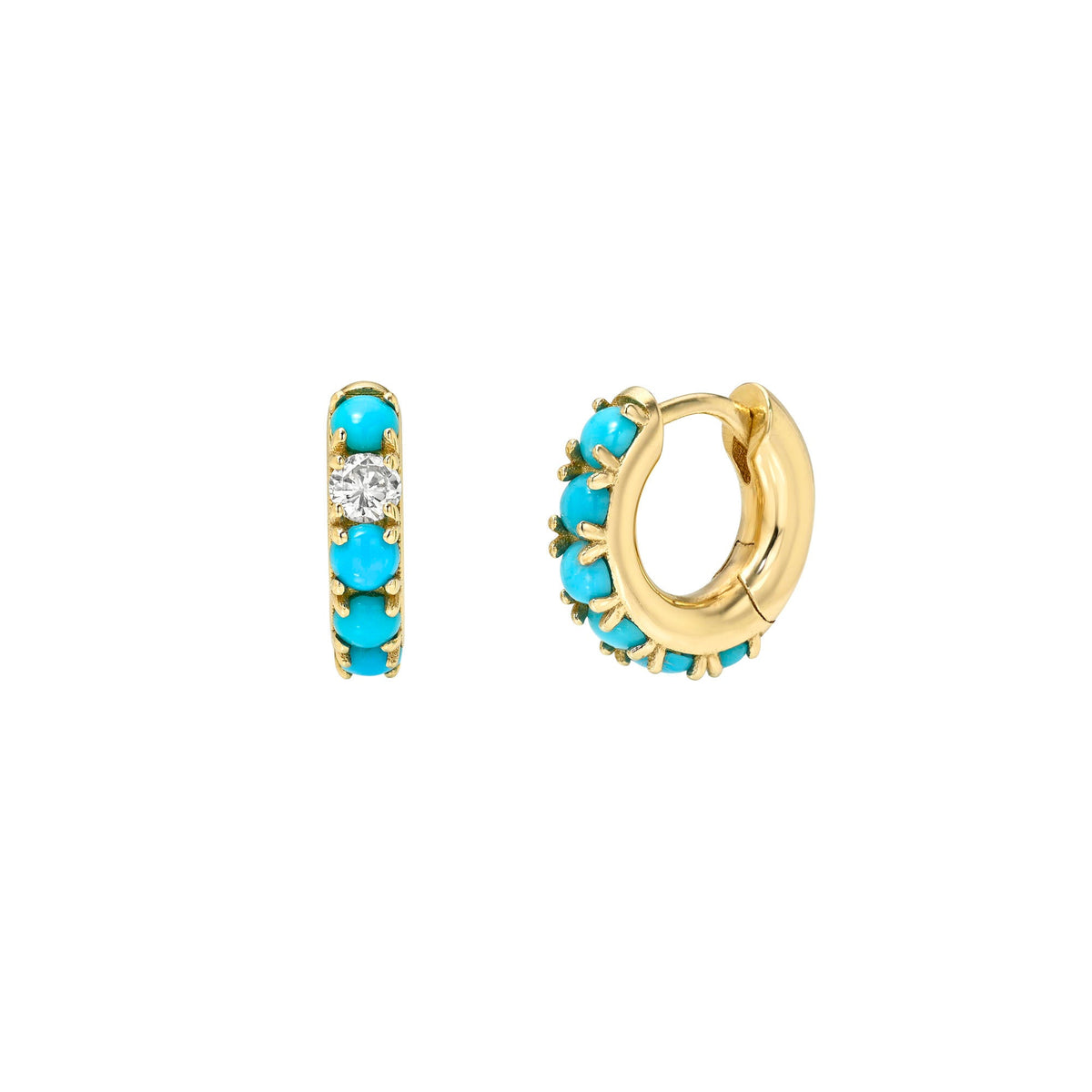 Petite Turquoise Hoops with One Diamond Yellow Gold Pair by Logan Hollowell Jewelry