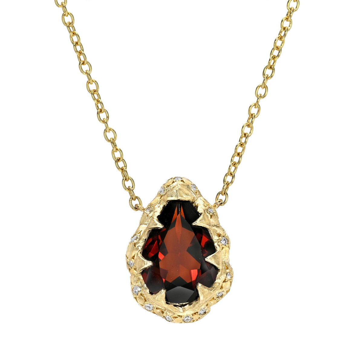 Queen Water Drop Garnet Necklace with Sprinkled Diamonds Yellow Gold by Logan Hollowell Jewelry
