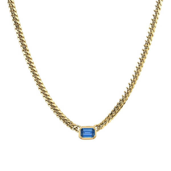 Emerald Cut Blue Sapphire Cuban Choker Yellow Gold 14" by Logan Hollowell Jewelry