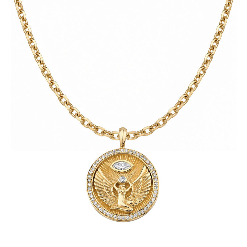 Isis Diamond Pavé Halo Coin Pendant 16" Danny Chain Rose Gold by Logan Hollowell Jewelry