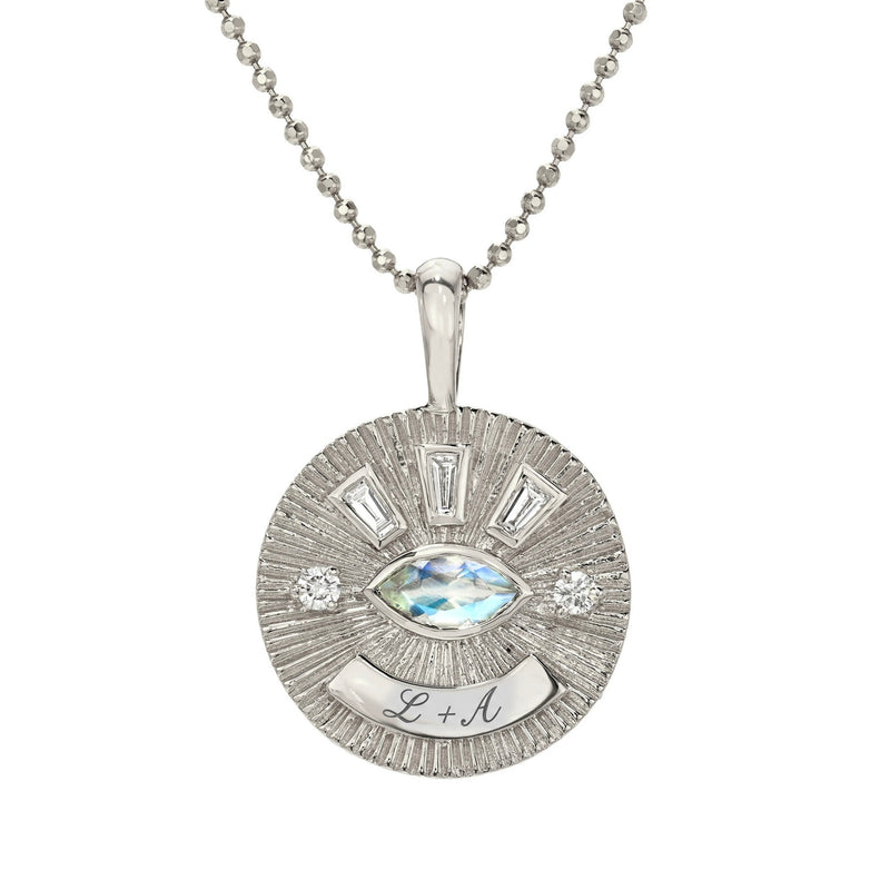 Medium Moonstone Angel Eye Coin Necklace White Gold by Logan Hollowell Jewelry