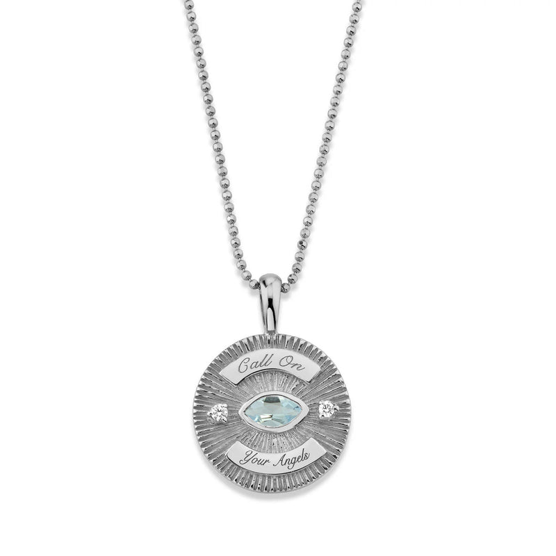 Call On Your Angels Aquamarine Angel Eye Coin Necklace (LAB) by Logan Hollowell Jewelry