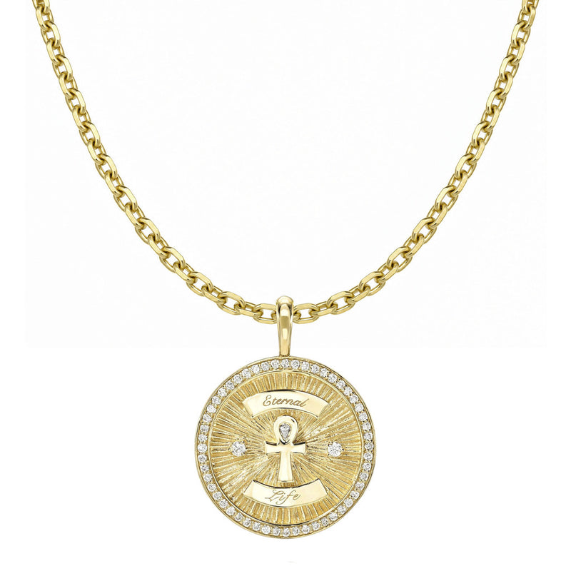 Diamond Ankh Coin with Pavé Border Yellow Gold 16" by Logan Hollowell Jewelry