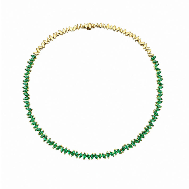 Dancing Marquise Emerald Wheat Necklace Yellow Gold by Logan Hollowell Jewelry