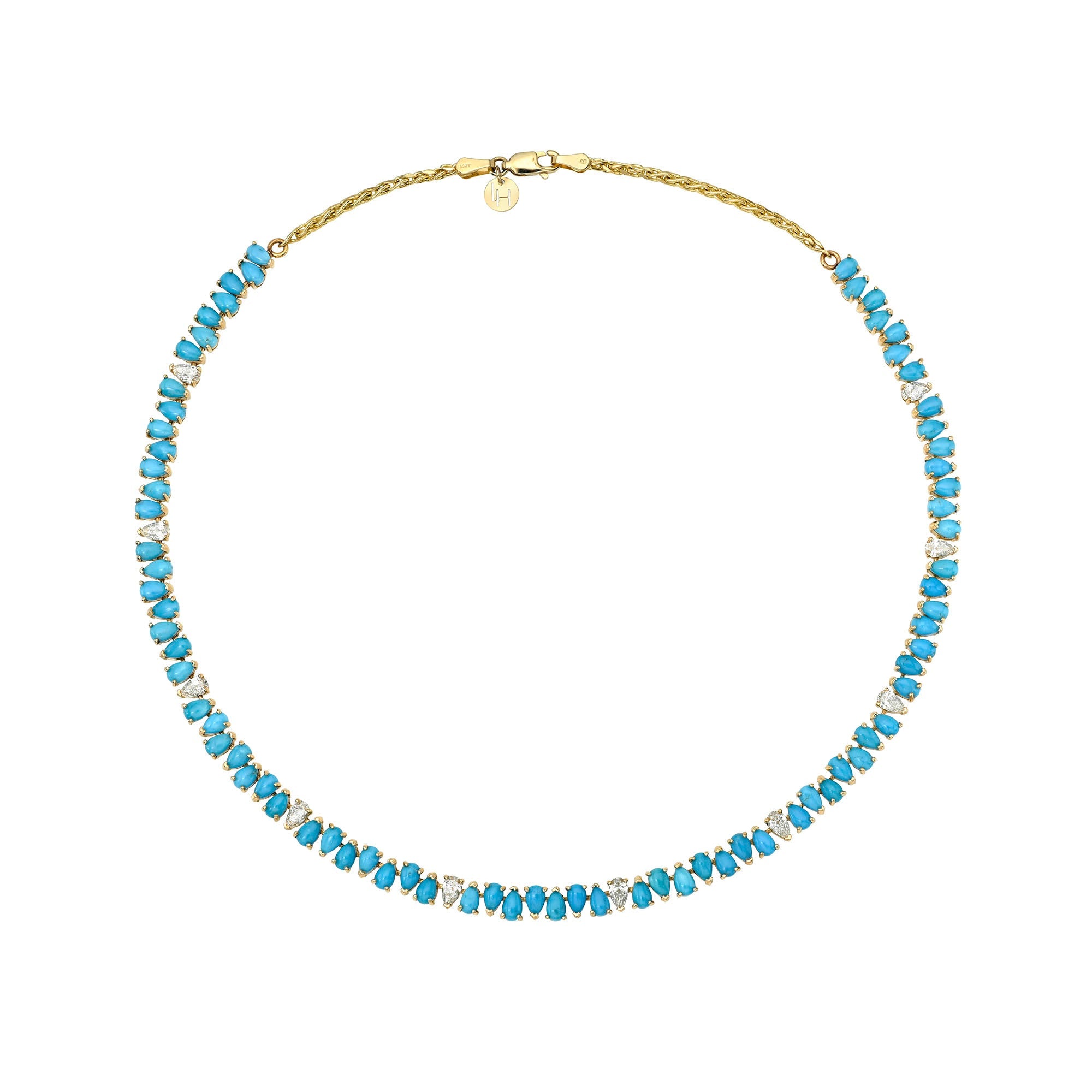 Turquoise & Sprinkled Diamond Reverse Water Drop Line Necklace Yellow Gold 16" by Logan Hollowell Jewelry