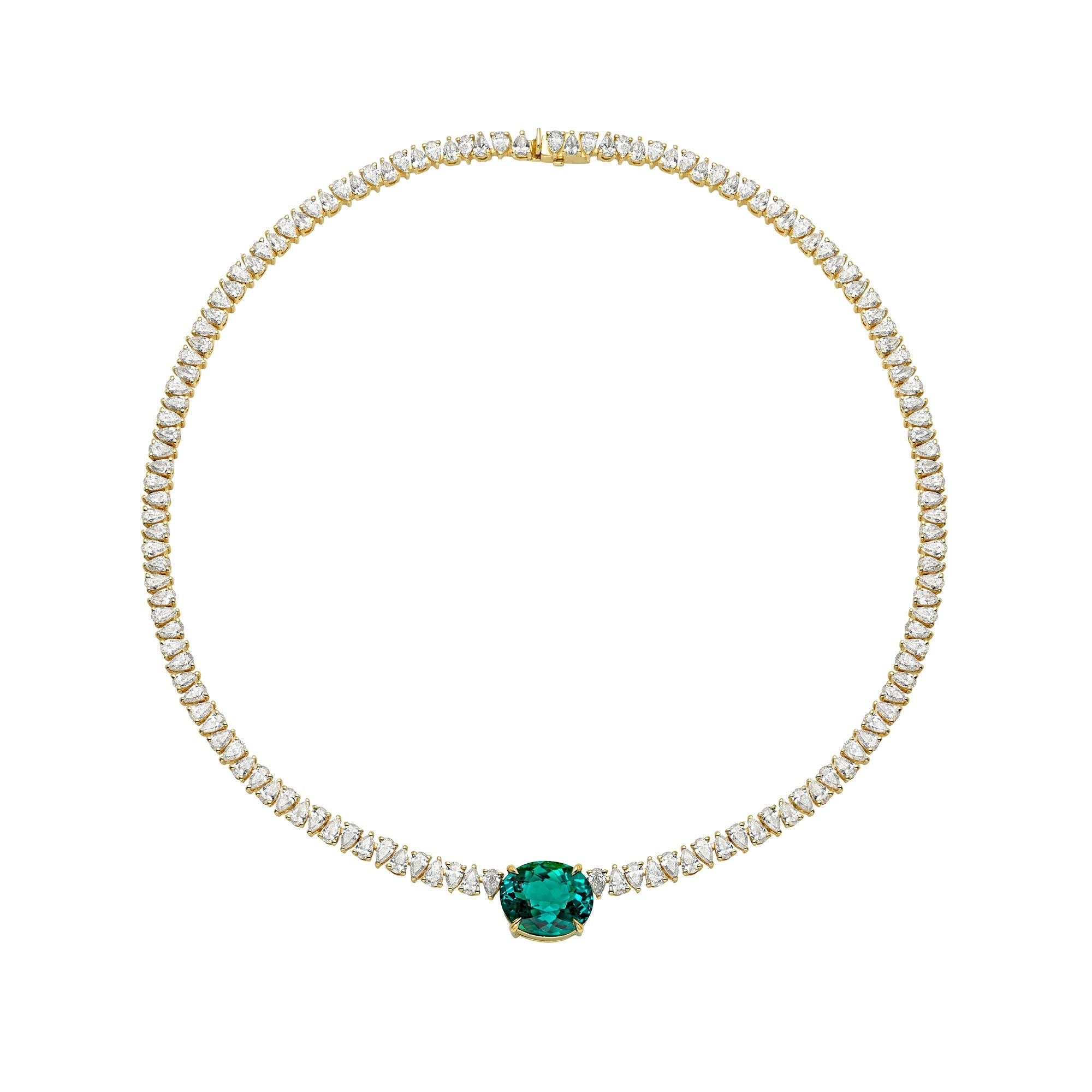 Lagoon Tourmaline Reverse Water Drop Tennis Necklace Yellow Gold 14" by Logan Hollowell Jewelry