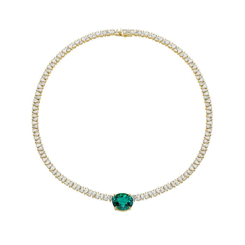 Lagoon Tourmaline Reverse Water Drop Tennis Necklace Yellow Gold 14" by Logan Hollowell Jewelry
