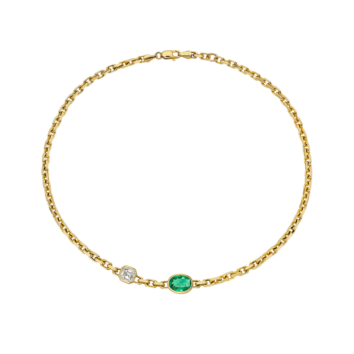 Lovers Duet Diamond and Emerald Chain Necklace Yellow Gold 14" by Logan Hollowell Jewelry